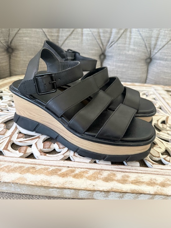 Sorel Shoes - Sorel Black Leather Wide Strap Wedge Platform Sandals Shoes Women’s 10